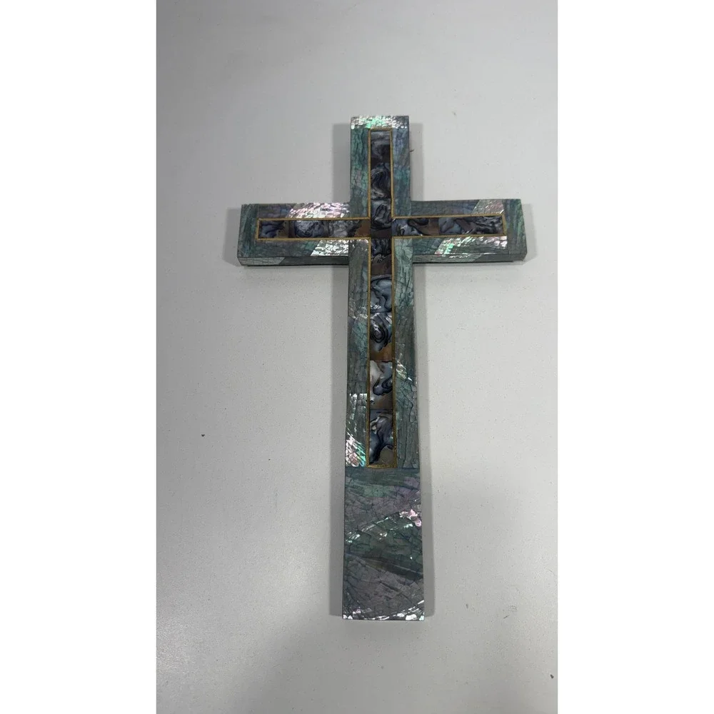 Abalone Shell Mosaic Wall Cross Mother of Pearl Religious Decor 12.5 Inch